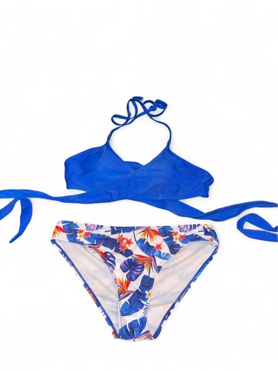 Other - Blue Halter Bikini Set with Tropical Print Bottom